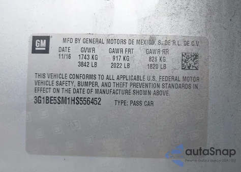 2017 Chevrolet Cruze Lt Auto z USA, uszkodzony, nr VIN 3G1BE5SM1HS556452